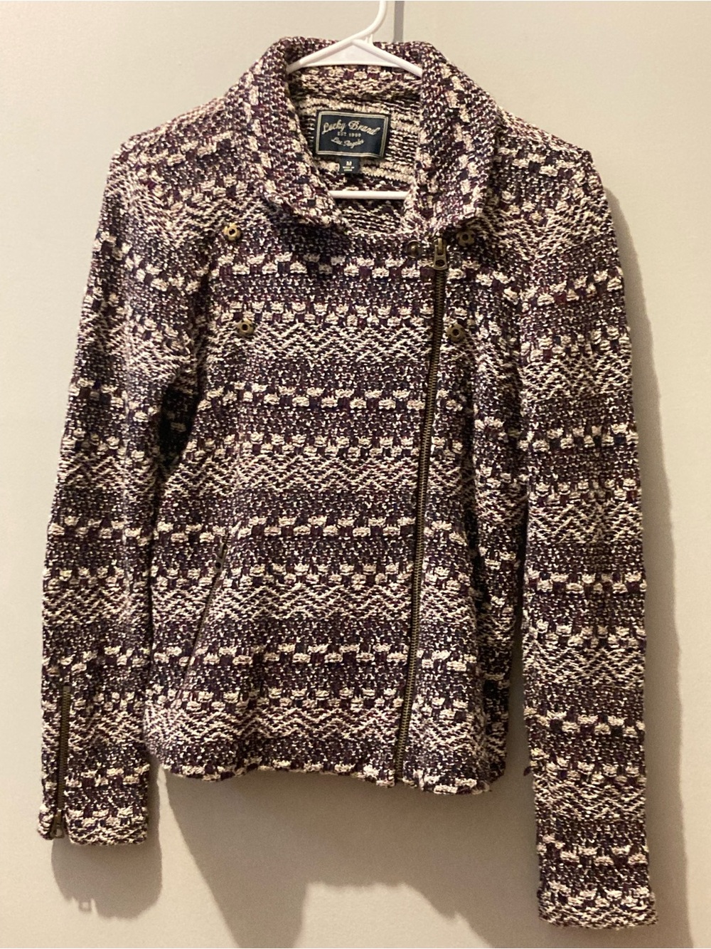 Lucky Brand Knit Moto Jacket Medium Boho Zip Front Fall Layering Piece